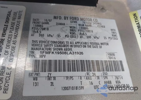 2008 Ford Expedition El Limited из США, поврежденный, VIN 1FMFK19508LA31926